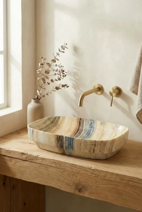 Lavoar ceramic marmorat lucios, crem cu vene gri și aurii, cu ventil inclus