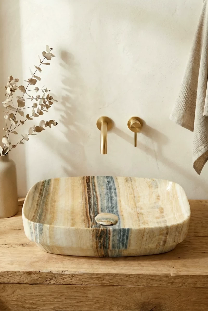 Lavoar ceramic marmorat lucios, crem cu vene gri și aurii, cu ventil inclus