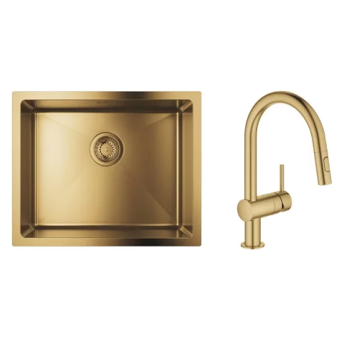 Set Chiuveta din otel Grohe K700 si  baterie Bucatarie Grohe Minta auriu periat