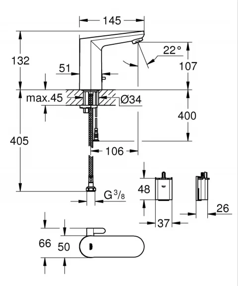 Baterie Grohe Eurosmart E cu infrarosu, marime S, Crom lucios