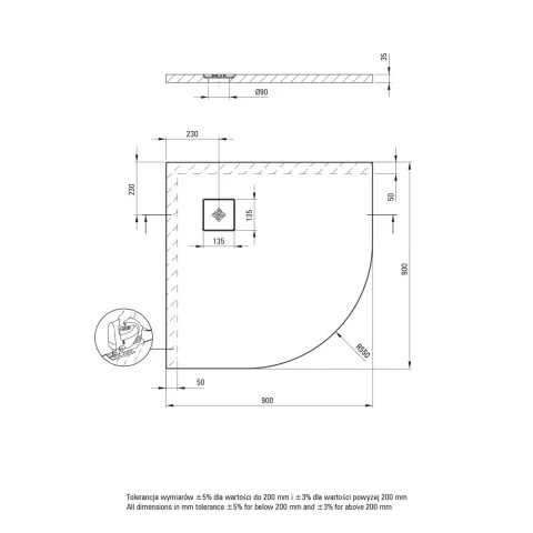 Cadita de dus semirotunda Deante Silia 90x90 cm alb 