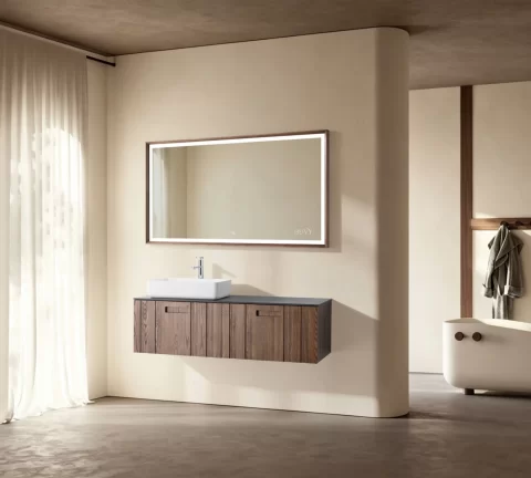 Set mobilier baie suspendat din lemn 140 cm, cu lavoar si oglinda LED cu rama din lemn