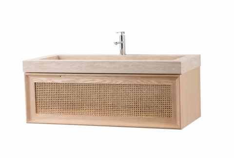 Set mobilier baie suspendat din lemn 120 cm, cu lavoar si oglinda LED cu rama