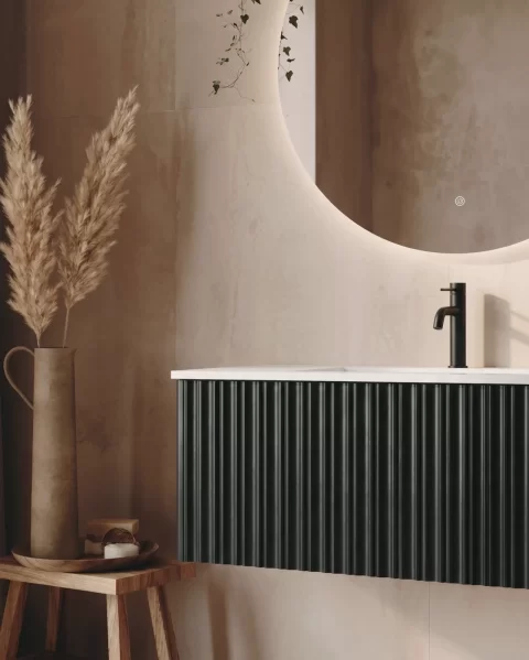 Set mobilier baie suspendat negru 100 cm, cu lavoar si oglinda LED