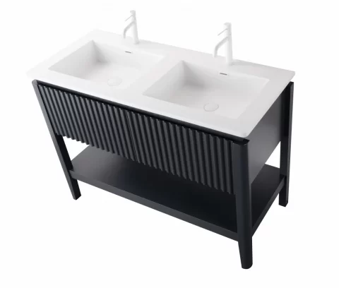 Set mobilier baie pe pardoseala 120 cm, cu doua lavoare si oglinda LED cu rama neagra