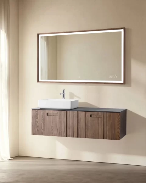 Set mobilier baie suspendat din lemn 140 cm, cu lavoar si oglinda LED cu rama din lemn