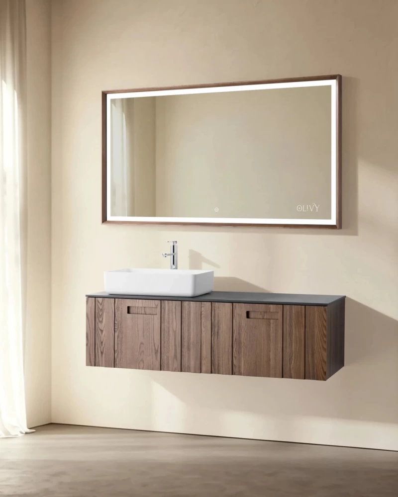 Set mobilier baie suspendat din lemn 140 cm, cu lavoar si oglinda LED cu rama din lemn