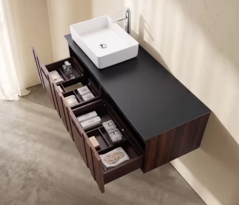 Set mobilier baie suspendat din lemn 140 cm, cu lavoar si oglinda LED cu rama din lemn
