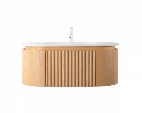 Set mobilier baie suspendat din lemn 100 cm, cu lavoar si oglinda LED