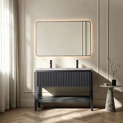 Set mobilier baie pe pardoseala 120 cm, cu doua lavoare si oglinda LED cu rama neagra