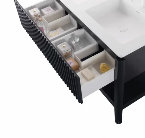 Set mobilier baie pe pardoseala 120 cm, cu doua lavoare si oglinda LED cu rama neagra