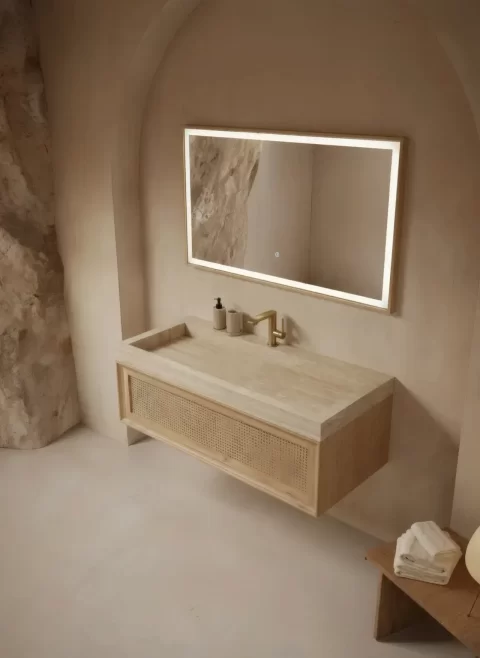Set mobilier baie suspendat din lemn 120 cm, cu lavoar si oglinda LED cu rama