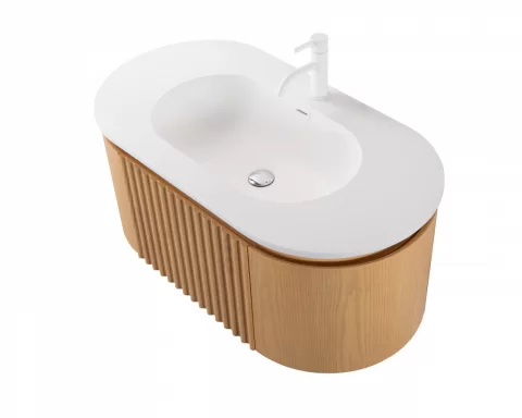 Set mobilier baie suspendat din lemn 100 cm, cu lavoar si oglinda LED