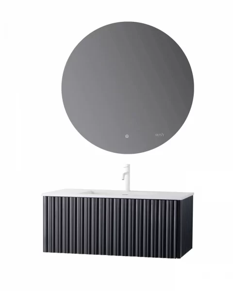 Set mobilier baie suspendat negru 100 cm, cu lavoar si oglinda LED
