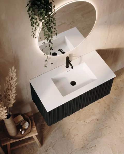 Set mobilier baie suspendat negru 100 cm, cu lavoar si oglinda LED