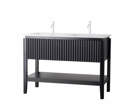 Set mobilier baie pe pardoseala 120 cm, cu doua lavoare si oglinda LED cu rama neagra