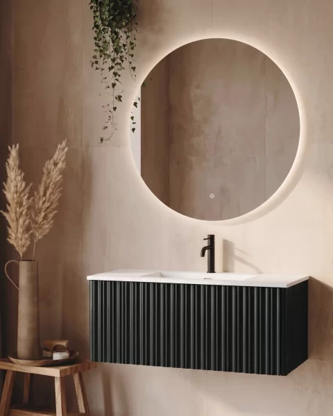 Set mobilier baie suspendat negru 100 cm, cu lavoar si oglinda LED