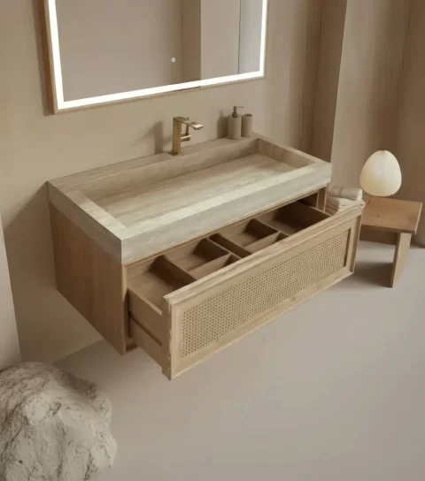 Set mobilier baie suspendat din lemn 120 cm, cu lavoar si oglinda LED cu rama