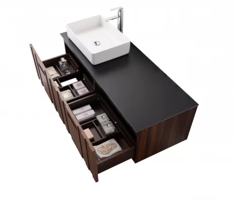 Set mobilier baie suspendat din lemn 140 cm, cu lavoar si oglinda LED cu rama din lemn