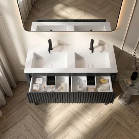 Set mobilier baie pe pardoseala 120 cm, cu doua lavoare si oglinda LED cu rama neagra