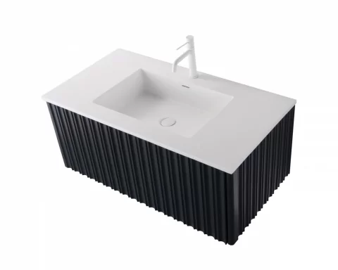 Set mobilier baie suspendat negru 100 cm, cu lavoar si oglinda LED