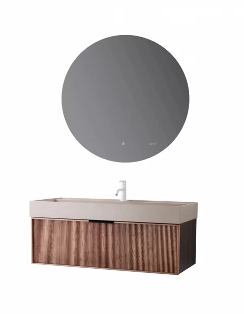 Set mobilier baie suspendat din lemn 120 cm, cu lavoar si oglinda LED