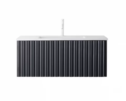 Set mobilier baie suspendat negru 100 cm, cu lavoar si oglinda LED
