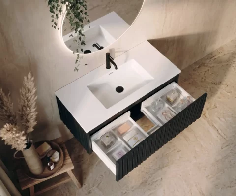 Set mobilier baie suspendat negru 100 cm, cu lavoar si oglinda LED