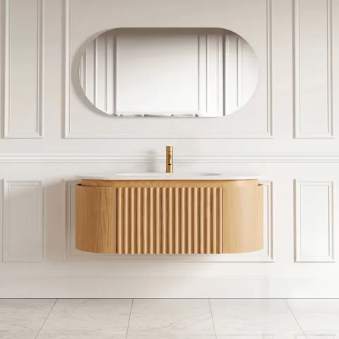 Set mobilier baie suspendat din lemn 100 cm, cu lavoar si oglinda LED