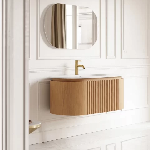 Set mobilier baie suspendat din lemn 100 cm, cu lavoar si oglinda LED