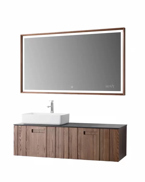 Set mobilier baie suspendat din lemn 140 cm, cu lavoar si oglinda LED cu rama din lemn