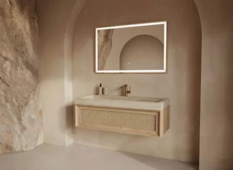 Set mobilier baie suspendat din lemn 120 cm, cu lavoar si oglinda LED cu rama