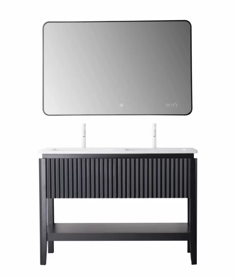 Set mobilier baie pe pardoseala 120 cm, cu doua lavoare si oglinda LED cu rama neagra