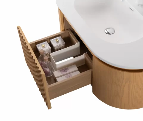 Set mobilier baie suspendat din lemn 100 cm, cu lavoar si oglinda LED
