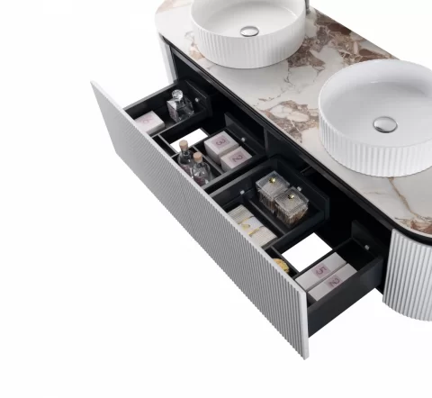 Set mobilier baie dublu suspendat 160 cm cu blat marmorat, lavoare ceramice si oglinzi LED