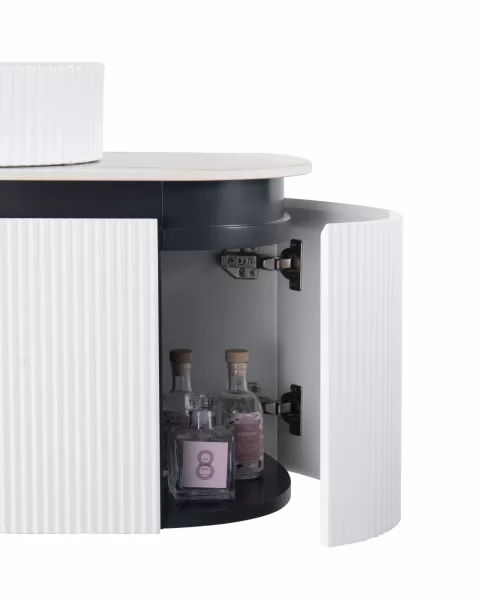 Set mobilier baie dublu suspendat 160 cm cu blat marmorat, lavoare ceramice si oglinzi LED
