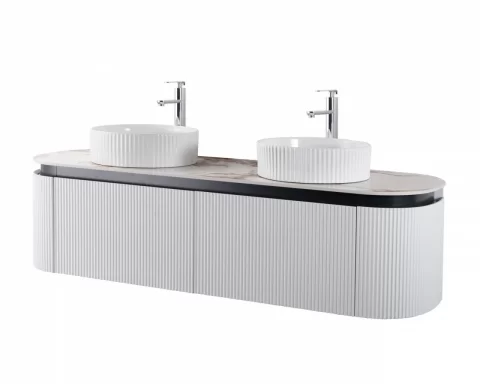 Set mobilier baie dublu suspendat 160 cm cu blat marmorat, lavoare ceramice si oglinzi LED