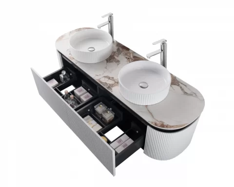 Set mobilier baie dublu suspendat 160 cm cu blat marmorat, lavoare ceramice si oglinzi LED