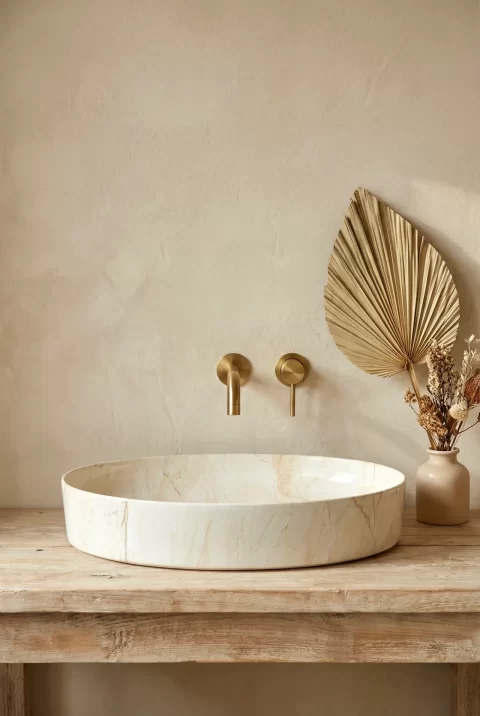 Lavoar ceramic oval, design marmorat crem lucios cu vene aurii, ventil inclus