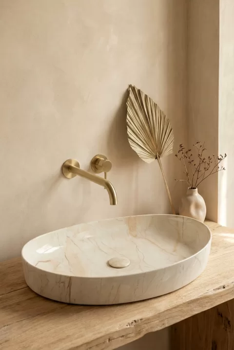 Lavoar ceramic oval, design marmorat crem lucios cu vene aurii, ventil inclus