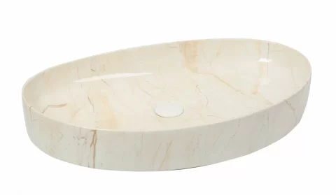 Lavoar ceramic oval, design marmorat crem lucios cu vene aurii, ventil inclus