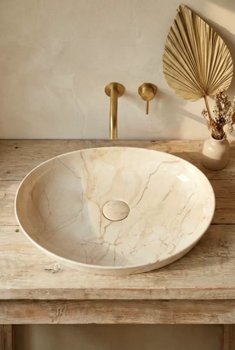 Lavoar ceramic oval, design marmorat crem lucios cu vene aurii, ventil inclus