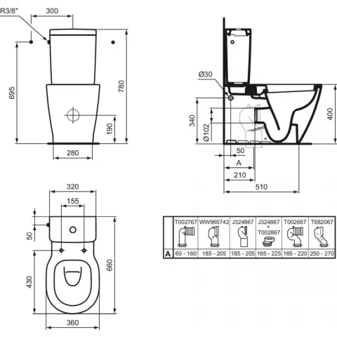 Rezervor WC Ideal Standard Connect CUBE , 3/6 L, dubla actionare ,alimentare laterala