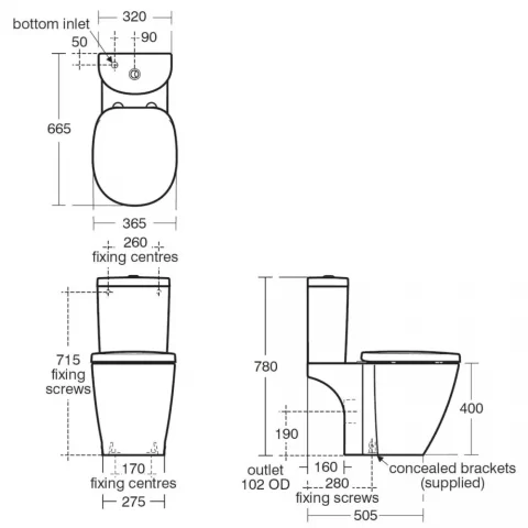 Vas WC monobloc Ideal Standard Connect,scurgere orizontala,36x66 cm