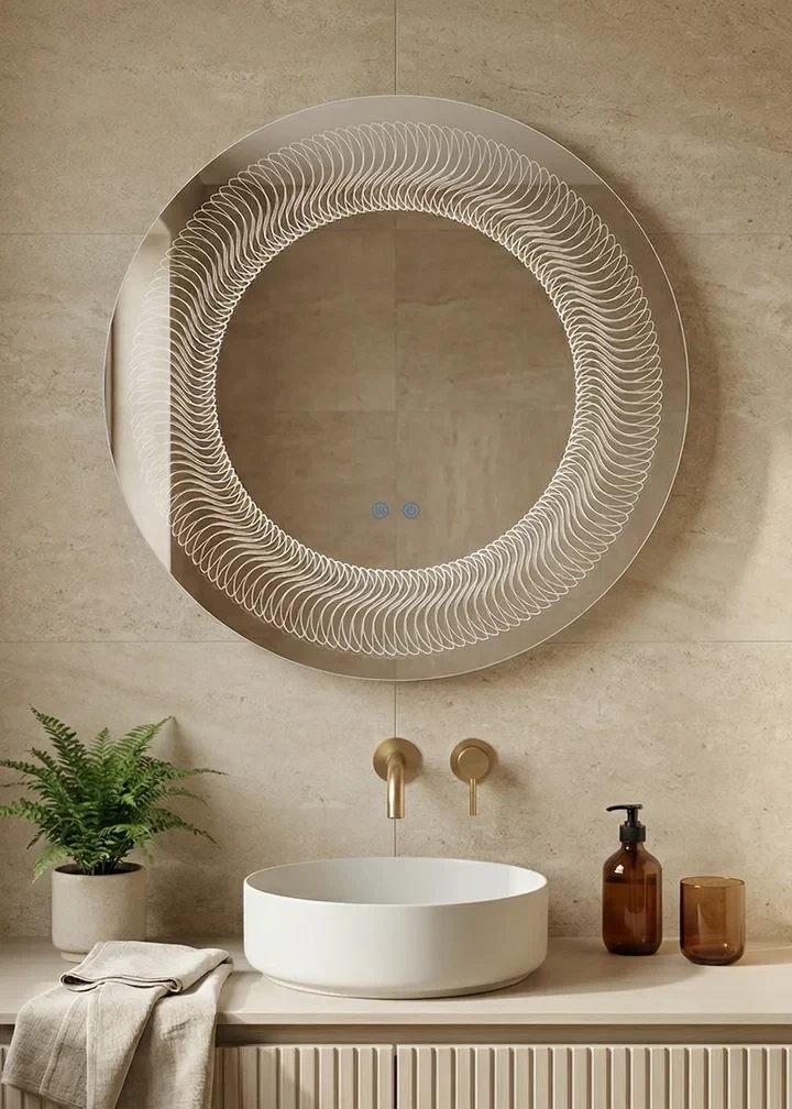 Oglinda baie LED ⌀80 cm rotunda, 3 nuante de lumina, dezaburire si touch control 