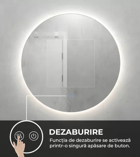 Oglinda baie LED ⌀70 cm rotunda, 3 nuante de lumina, dezaburire si touch control