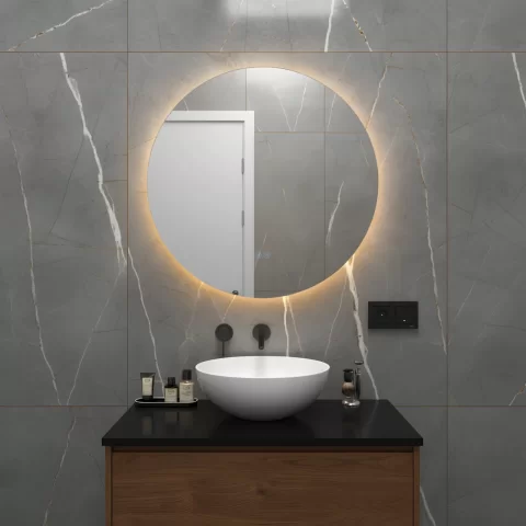 Oglinda baie LED ⌀60 cm rotunda, 3 nuante de lumina, dezaburire si touch control