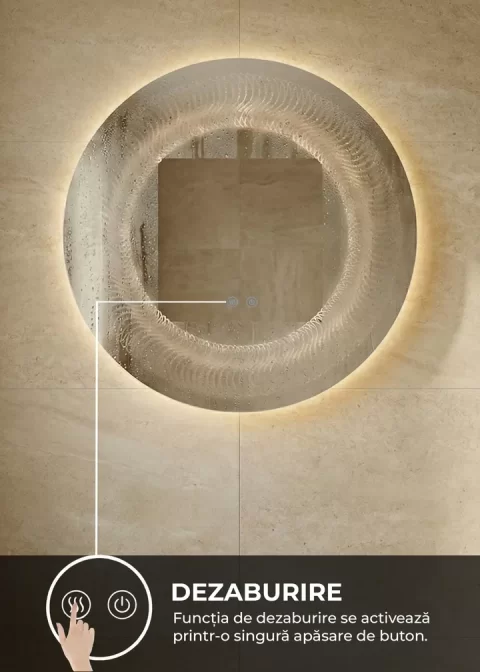 Oglinda baie LED ⌀80 cm rotunda, 3 nuante de lumina, dezaburire si touch control 