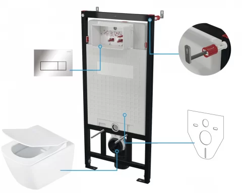 Set vas WC suspendat Deante Anemon cu cadru, rezervor ascuns, clapeta crom si capac soft-close