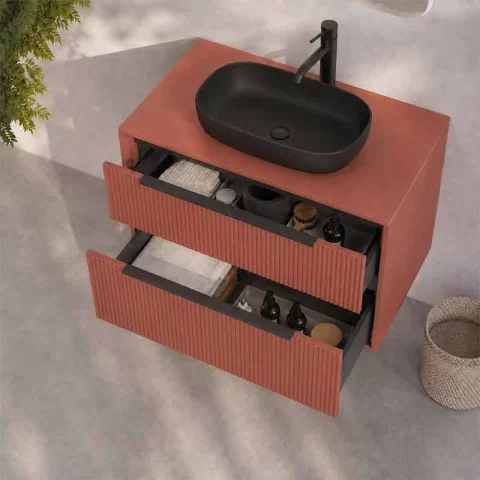 Mobilier suspendat pentru lavoar pe blat Fluminia Istria 80, front riflat, 80 × 46 cm, mattone si maner negru